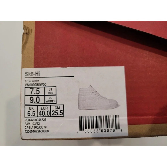 Vans SK8-HI VN000D5I00 True White Skateboarding Men 7.5 Women's 9 - Brand New - Picture 8 of 10